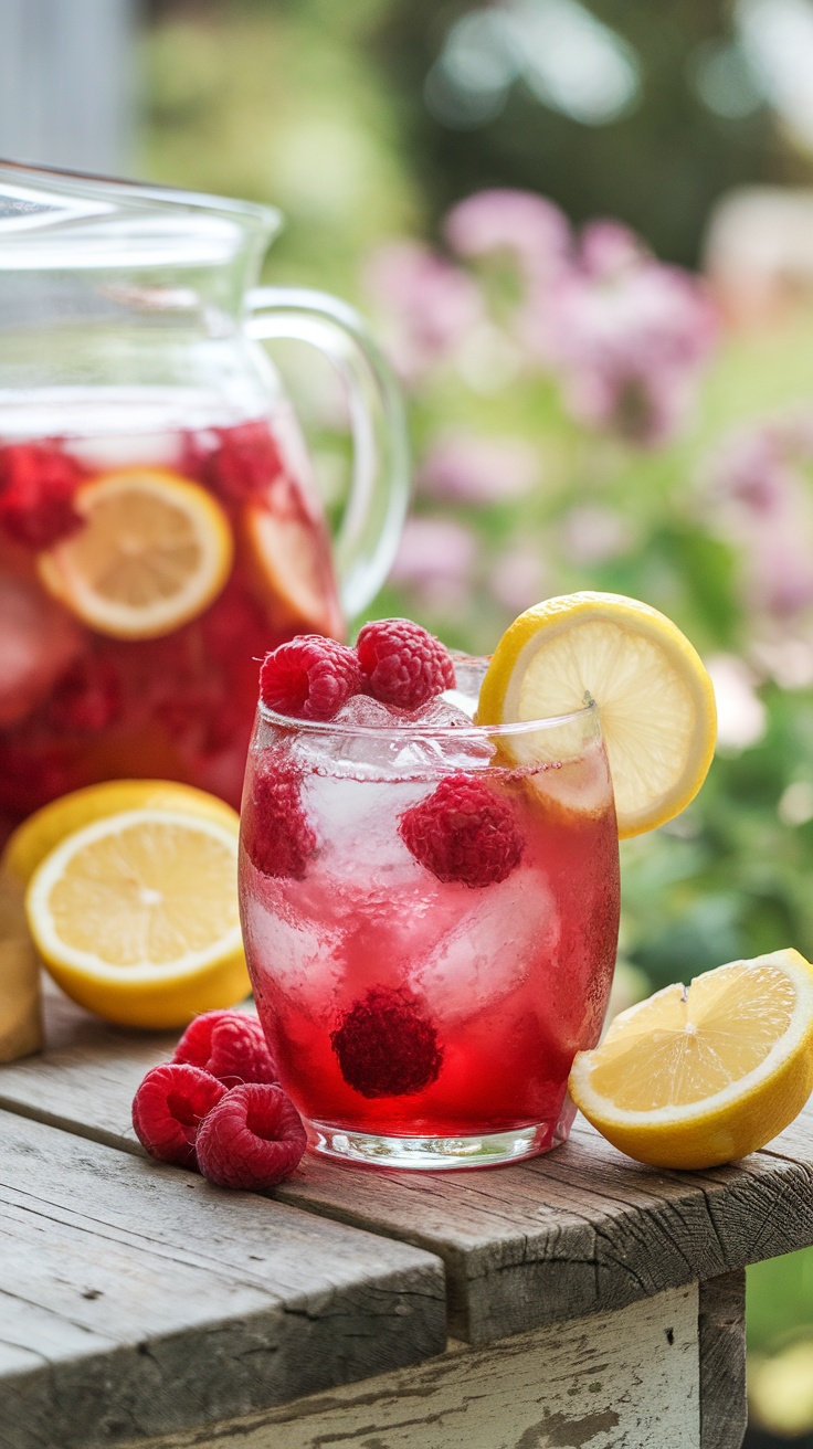 Refreshing Raspberry Lemonade Recipe A refreshing glass of raspberry lemonade with ice, garnished with raspberries and lemon, beside a pitcher and a sunny garden.